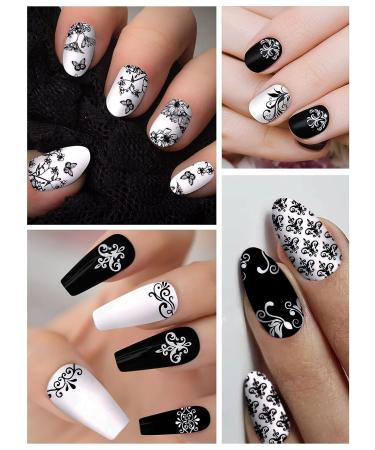 EBANKU Black White Nail Polish Strips - 12 Sheets Full Wrap Adhesive Stickers with Nail File - Leaves Flower Vine Pattern for Women's Nail Art Decorations - Buy Online on SooperMarket.com