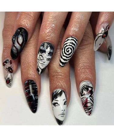 24Pcs Gothic Press on Nails Medium Almond Fake Nails Punk Cartoon Anime Design Black White Full Cover Glue on Nails Horror Gothic Designs French False Nails for Women Girls Acrylic Manicure Decor