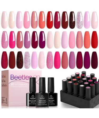 Beetles Gel Nail Polishes- 20 Pcs Gel Nail Polish Pink Generation Soak Off Starter Kit with Glossy Matte Top Coat Base Coat 1 Nail Brush 6 Colors Glitter DIY Nail Art Gifts for Women A6-Pink Generation