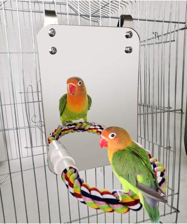 BWOGUE 7 Inch Bird Mirror with Rope Perch Cockatiel Mirror for Cage Bird Toys Swing Parrot Cage Toys for Parakeet Cockatoo Cockatiel Conure Lovebirds Finch Canaries Medium(7.1 * 5.1)