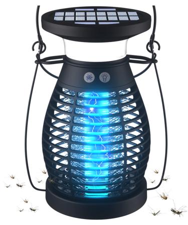 Solar Bug Zapper Outdoor Waterproof Rechargeable Mosquito Zapper with 360 High Powered UV Light 2-in-1 Light Bulb and Fly Zapper Up to 2100 Sq Ft - Attracts Gnats Mosquitoes Flies and More Black