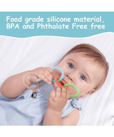 Vicloon Baby Teething Rings Clip Set - Cooling & Soothing Toys for Newborns - Safe Silicone Teething Ring (Blue/Grey/Orange/Green) - Buy Online on SooperMarket.com