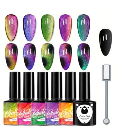 HERBENJOY Cat Eye Gel Nail Polish Set 6 Colors Galaxy Magnetic UV Nail Polish with Magent Stick Base Black Gel Nail Varnish and Universal Rainbow Nail Gel Nail Polish DIY Manicure Nail Salon