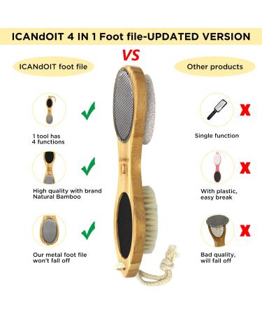 ICDI ICANdOIT Natural Bamboo Foot File Callus Remover - 4 in 1 Feet Pedicure Kit with Bristle Brush, Pumice Stone, Foot Rasp & Sand Paper - Foot Care Essential - Buy Online on SooperMarket.com