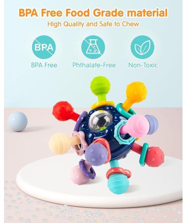 Vanmor Baby Teether Toy | Sensory Chew Teething Ball Rattle | Montessori Grasping Activity | 0-6 Months | Blue - Buy Online on SooperMarket.com