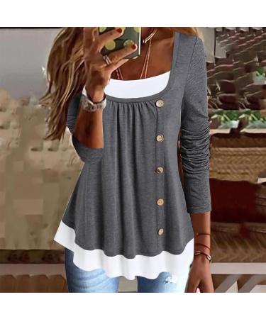 Women's Long Sleeve Color Block Fake Two Shirt - Gray Medium | Crew Neck Henley Button Up Blouse - Buy Online on SooperMarket.com