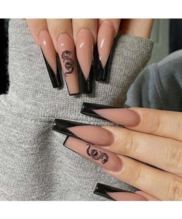 RikView Press on Nails Long Acrylic Nails Coffin Fake Nails Black Nails with Dragon Design