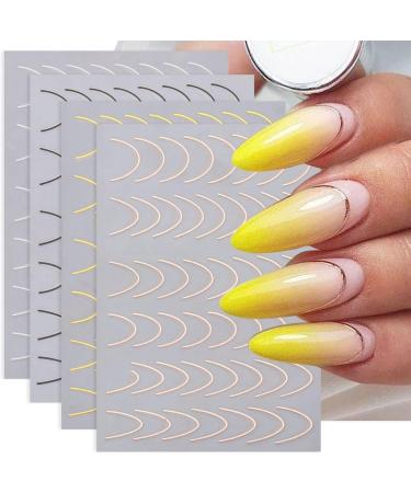 French Line U-Shaped Nail Art Stickers - 8 Sheets Exquisite Decals in Gold, Silver, Black, and Rose Gold for Women and Girls - Buy Online on SooperMarket.com