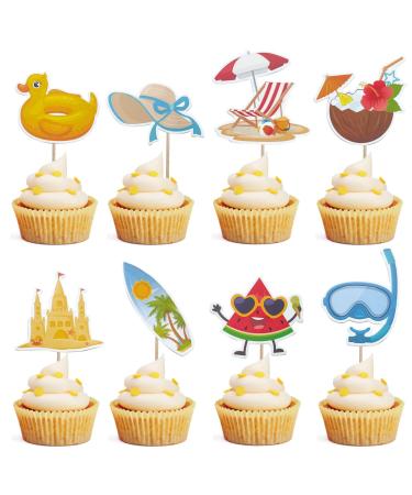 Mulukaya 24Pcs Summer Beach Themed Cupcake Toppers Sun Hat Surfboard Watermelon Goggles Treat Cake Picks for Pool Beach Hawaii Surfing Birthday Wedding Travel Vacation Party Decorations