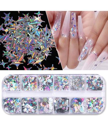 Holographic Nail Art Glitter Sequins - Laser Silver Decals 12 Grids | 3D Butterfly, Star, Heart, Unicorn Sticker Confetti for Acrylic Nails - Buy Online on SooperMarket.com