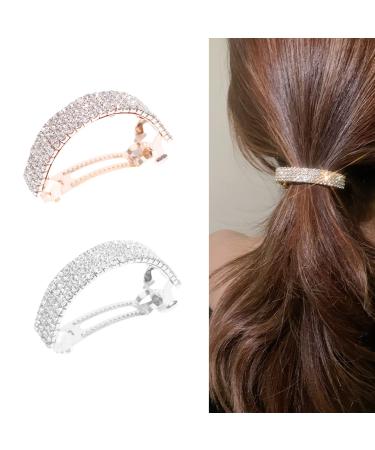 2Pcs Crystal Rhinestone Hair Clips Sparkly Diamante Hair Clips for Women Girls Ponytail Hair Clips Hair Accessories for Wedding(Rose Gold Silver)