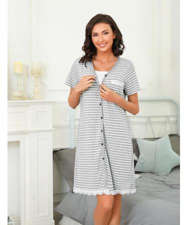 Uniexcosm Maternity Nursing Nightdress XL - Soft Button Down Nightgown | Stripe Sleepwear for Women - Light Grey - Buy Online on SooperMarket.com