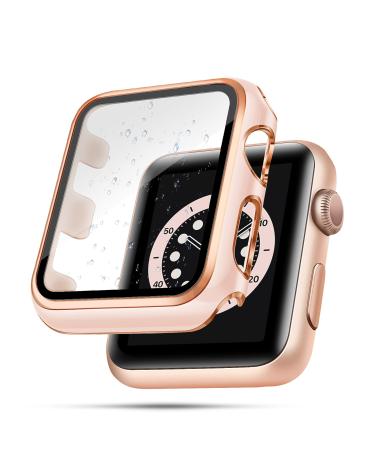 top4cus 38mm Case Compatible with Apple Watch with Built-in Tempered Glass Screen Protector PC Cover for iWatch Series 8/7/SE 6 5 4/3 2 for Choice (38mm Pink + Rose Gold Edge) Pink + Rose gold edge 38 mm