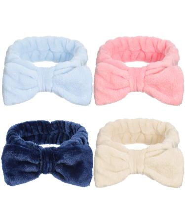 GOTH Perhk 4 Pack Spa Bowknot Hair Bands Coral Fleece Makeup Headband Elastic Head Wrap for Washing Face Shower Yoga Sports Skincare(Beige Pink Blue Navy Blue)