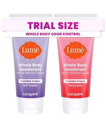 Lume Whole Body Deodorant - Mini Travel Size Invisible Cream Tube - Trial Size - 72 Hour Odor Control - Doctor Developed - Aluminum Free Baking Soda Free - .5oz (2 Pack) (Soft Powder & Peony Rose)