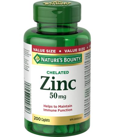 Nature's Bounty Chelated Zinc 50mg Supports Immune Function and Maintain Body's Ability to Metabolize Nutrients Maintains Healthy Skin and Bones 200 Caplets
