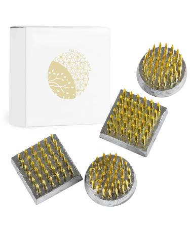 Wazakura 4PCS Mini Ikebana Kenzan Japanese Flower Holder  Made in Japan  Floral Arranging Pin Frog  Round Square - 1(24mm) Brass