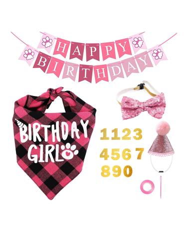 Dog Birthday Kit Dog Birthday Hat Bow Tie Band Pull Flag Scarf Number Stickers Cute Puppy Kitten Party Kit Reusable Suitable for Small Medium and Large Dog Pets(pink)