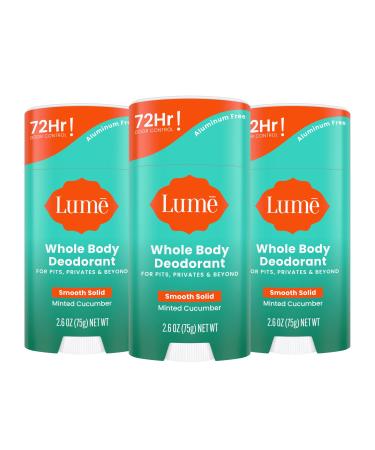 Lume Whole Body Deodorant - Smooth Solid Stick - 72 Hour Odor Control - Aluminum Free Baking Soda Free and Skin Loving - 2.6 Ounce (Pack of 3) (Minted Cucumber) Minted Cucumber 2.6 Ounce (Pack of 3)