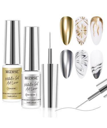 MIZHSE Gold and Silver Metallic Liner Gel Nail Art 3D Mirror Gel Paint 7ML Metal Glossy Painting Drawing Line Swirl French Nail Design Dotting Soak off Manicure Set for Nail Art Silver and Gold