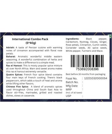 International Spice Combo - 40g*5 | Advieh Baharat Chinese 5 Spice Quatre Epices Ras el Hanout - Buy Online on SooperMarket.com