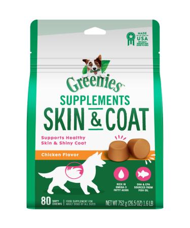 Greenies Skin & Coat Food Supplements with Omega 3 Fatty Acids Chicken- Flavor Soft Chews for Adult Dogs 1 Count (Pack of 80)