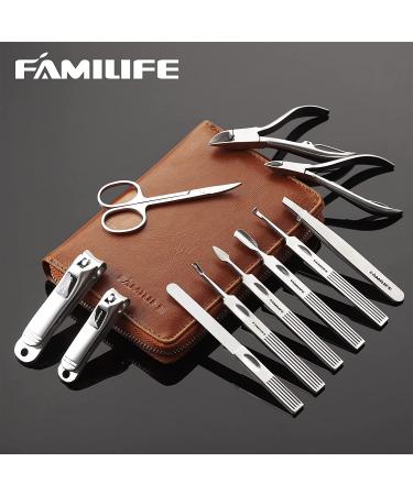 FAMILIFE Professional 11-in-1 Manicure Set with Brown Leather Travel Case - Stainless Steel Nail Clippers & Pedicure Tools Kit for Men - Luxury Grooming Gift - Buy Online on SooperMarket.com