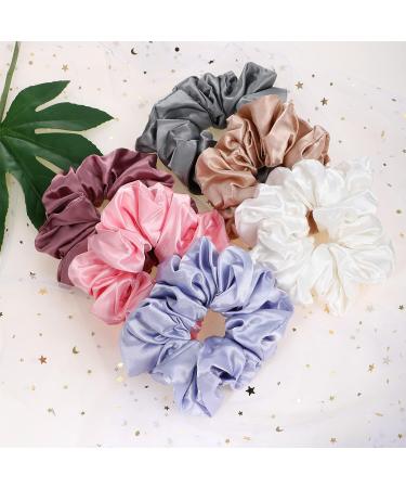 6-Piece Oversized Satin Hair Tie Set - Soft Silk Elastic Ponytail Holders for Girls in Champagne White Silver Gray Light Pink Bean Red Light Blue - Buy Online on SooperMarket.com