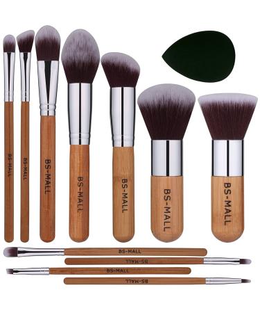 BS-MALL Makeup Brush Set 11Pcs Bamboo Synthetic Kabuki Brush Set Foundation Powder Blending Concealer Eye shadows Blush Cosmetics Brushes with Organizer Bag & Makeup Sponge