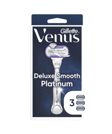 Gillette Venus Deluxe Smooth Platinum Razors for Women 1 Venus Razor 3 Razor Blade Refills Metal Handle with Anti-Slip Grip