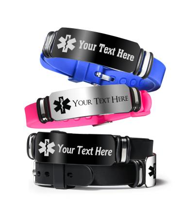 Caramel Sweet Life Medical Alert Bracelets for Men, Personalized Medical Bracelets for Women with Adjustable Silicone Wristband in Color Black, Red, Pink, Blue