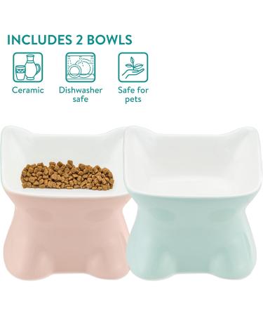 Navaris Raised Ceramic Cat Bowls (Set of 2) - Elevated Food and Water Bowl Pack for Cats - Cute Kitty Shaped Dishes with Ears - Dishwasher Safe - Green/Peach - Buy Online on SooperMarket.com