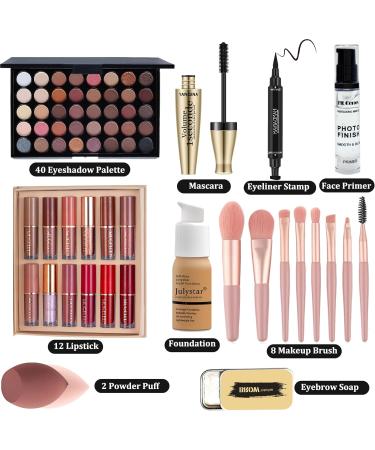 All in One Makeup Set Cosmetic Make up Gift Set for Women Beginners Includes Eyeshadow Palette Foundation & Face Primer Eyeliner Stamp lip gloss Set Eyebrow Soap Makeup Sponge brushes Set - Buy Online on SooperMarket.com