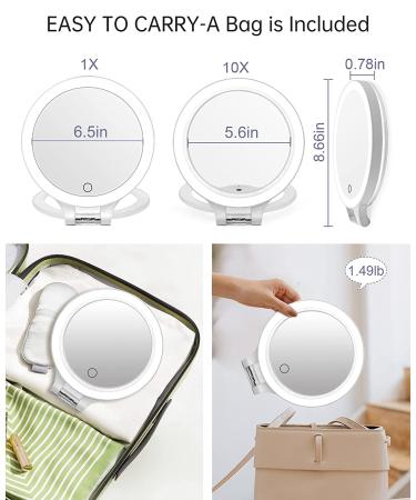 10X 1X Double Sided Magnifying Makeup Vanity Mirror | Rechargeable Lighted Mirror with 3 Color Settings | Adjustable Rotation LED Desk Mirror - White - Buy Online on SooperMarket.com