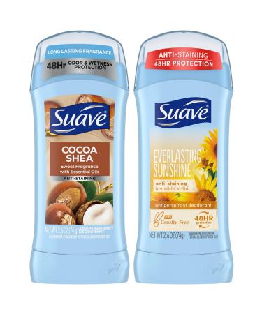 Suave Deodorant Antiperspirant for Women Variety Pack Everlasting Sunshine + Cocoa Butter & Shea Invisible Solid 48H Protection Anti-Staining 2.6 Oz Ea (2 Piece Set)