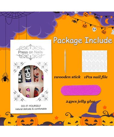 Extra Long Halloween Press on Nails - Pumpkin Ghost & Bat Design | Matte Nude Coffin Full Cover Fake Nails - 24 Pcs with Adhesive Jelly Glue - Buy Online on SooperMarket.com