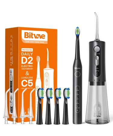 Bitvae Water Flosser And Electric Toothbrush Combo 5 Modes Sonic toothbrush with 3 Modes & 5 Pressure Levels Water Dental flosser for Teeth Cleanning Including 4 Toothbrush Heads and 4 Jet Tips Elegantblack