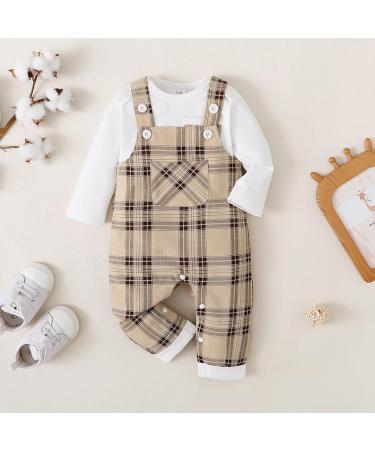 Puseky Baby Boy 3-6 Months Clothes Set | Long Sleeve Romper with Plaid Suspenders Overall Pants | Spring Fall Outfits in White - Buy Online on SooperMarket.com