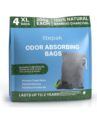 Litepak Odor Absorbing Bags - 4 XL Bags - Activated Charcoal Odor Eliminator for Car Home Office (4 x 200g) 4 Pack