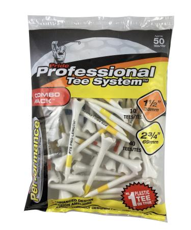 Pride Professional Tee System Plastic Golf Tees (Pack of 50), 40 Count 2-3/4-Inch + 10 Count 1-1/2-Inch,White