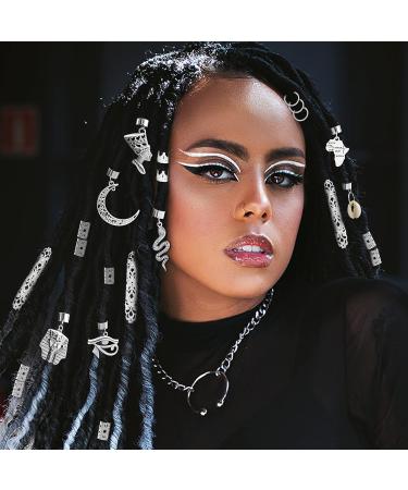 Dreadlocks Locs Jewelry Set - 107 Pieces Stainless Steel Clips & Charms for African Braids, Adjustable Hair Cuffs - Butterfly, Shell, Leaf, Snake, Moon, Cross - Silver Dreadlock Accessories - Buy Online on SooperMarket.com