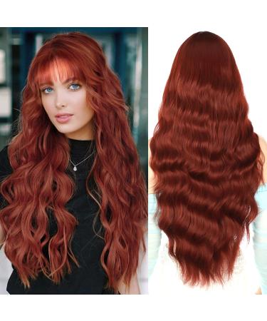 YEESHEDO Long Auburn Red Wigs for Women with Fringe Natural Looking Curly Wavy Synthetic Hair for Ladies Daily or Halloween Cosplay 28 Inches Reddish Brown