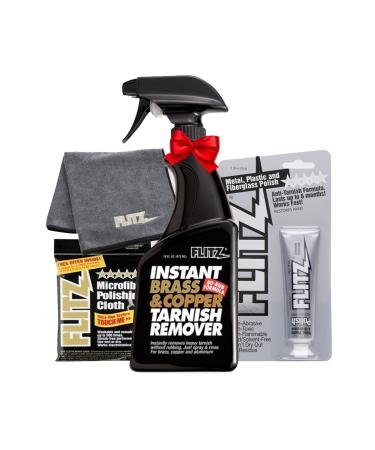 Flitz BC 01806 Instant Brass and Copper Tarnish Remover 16 oz Spray Cleaner + 16 oz Metal Polish Paste Cream + EXTRA LARGE Microfiber Cloth Shine Away Corrosion