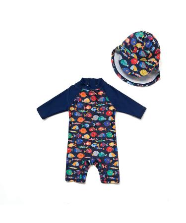 BONVERANO Baby Boys Swimsuit Toddler Bathing Suit Short-Sleeve Zipper One Piece Swimwear with UPF 50+ Sun Protection 9-12 Months Colorful Fish