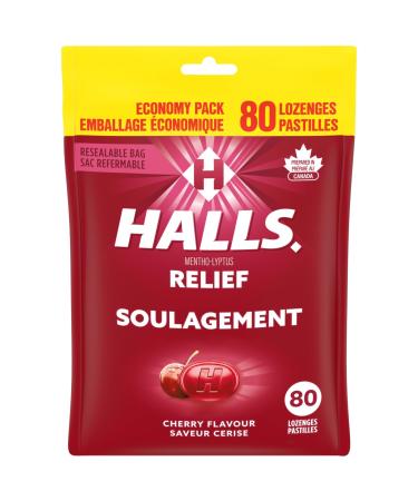HALLS Cherry Flavour Cough Drops Throat Lozenges Sore Throat Relief Mentho-Lyptus 80 Lozenges Cherry Drops