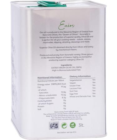 Enios Kalamata Premium Greek Extra Virgin Olive Oil 3L - New Harvest 2023/24, Cold-Extracted with Low Acidity and Polyphenol-Rich - Buy Online on SooperMarket.com