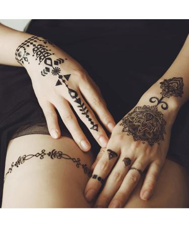 Black Henna Temporary Tattoos Set - Sexy Lace, Indian Mandala, Elephant, Flower Chain Designs - Waterproof Body, Arm, Face Decals for Wedding Party - 6 Sheets - Buy Online on SooperMarket.com
