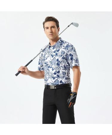 Men's Navy Leaf Print Golf Polo Shirt - Moisture Wicking Dry Fit Performance - Buy Online on SooperMarket.com