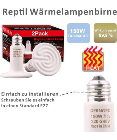 Dernord Reptiles Thermal Lamp 150W - Ceramic Heating Spotlights for Turtles Crayfish Spiders & More - E27 Heating Lamp (2 Pieces) - Buy Online on SooperMarket.com