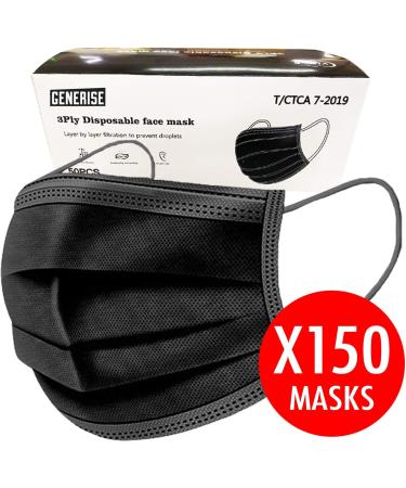 x150 Black Disposable Face Masks Generise 3Ply Non-Medical Face Masks UK Stock by YiHub - Breathable Disposable Face Masks Black to Cover Mouth & Nose - Buy Online on SooperMarket.com